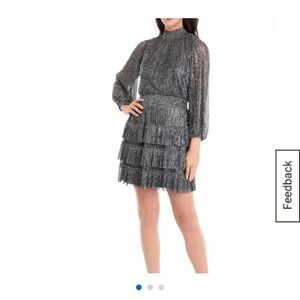 NWT MSK Metallic Silver Smocked Neck Fit & Flare Dress Size Large